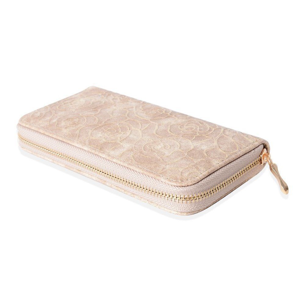 Wallet Embossed Rose Pattern Metallic Frame Beige - Picture 3 of 4